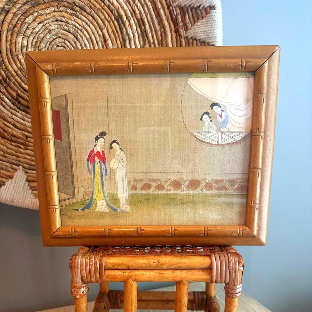 Vintage MCM Bamboo Jewelry Keepsake Box with Asian Watercolor on Silk